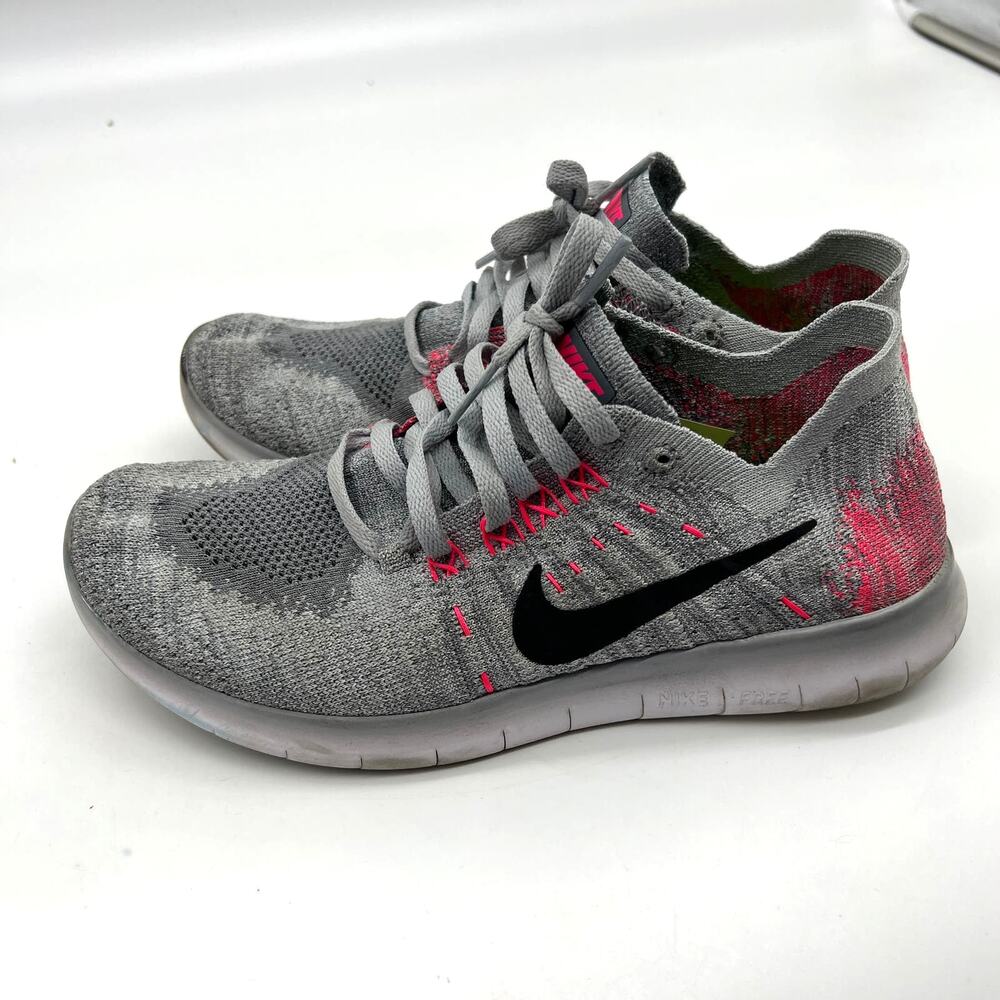 Nike Free Flyknit Athletic Running Shoes Size 5Y Gray & Pink